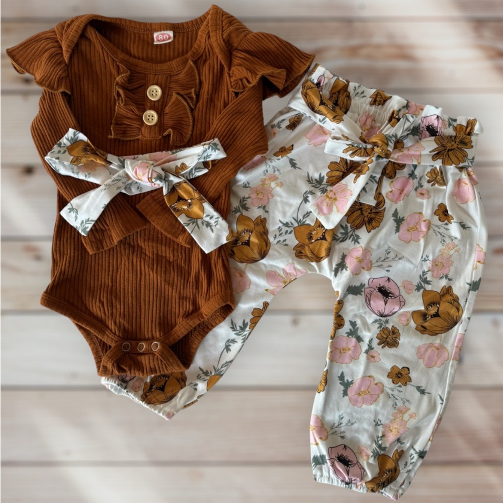 Brown Ruffled Onesie, Hair Tie Bow Floral Paper Bag Pants Set 80 12-18 24 Fall